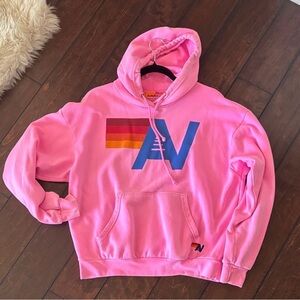 Aviator Nation Pink Hoodie with Yellow Tag Accent